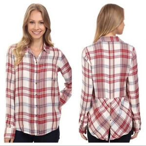Lucky Brand Womens Plaid Button Up L Shirt Twist Back Hem Blouse Casual Flannel